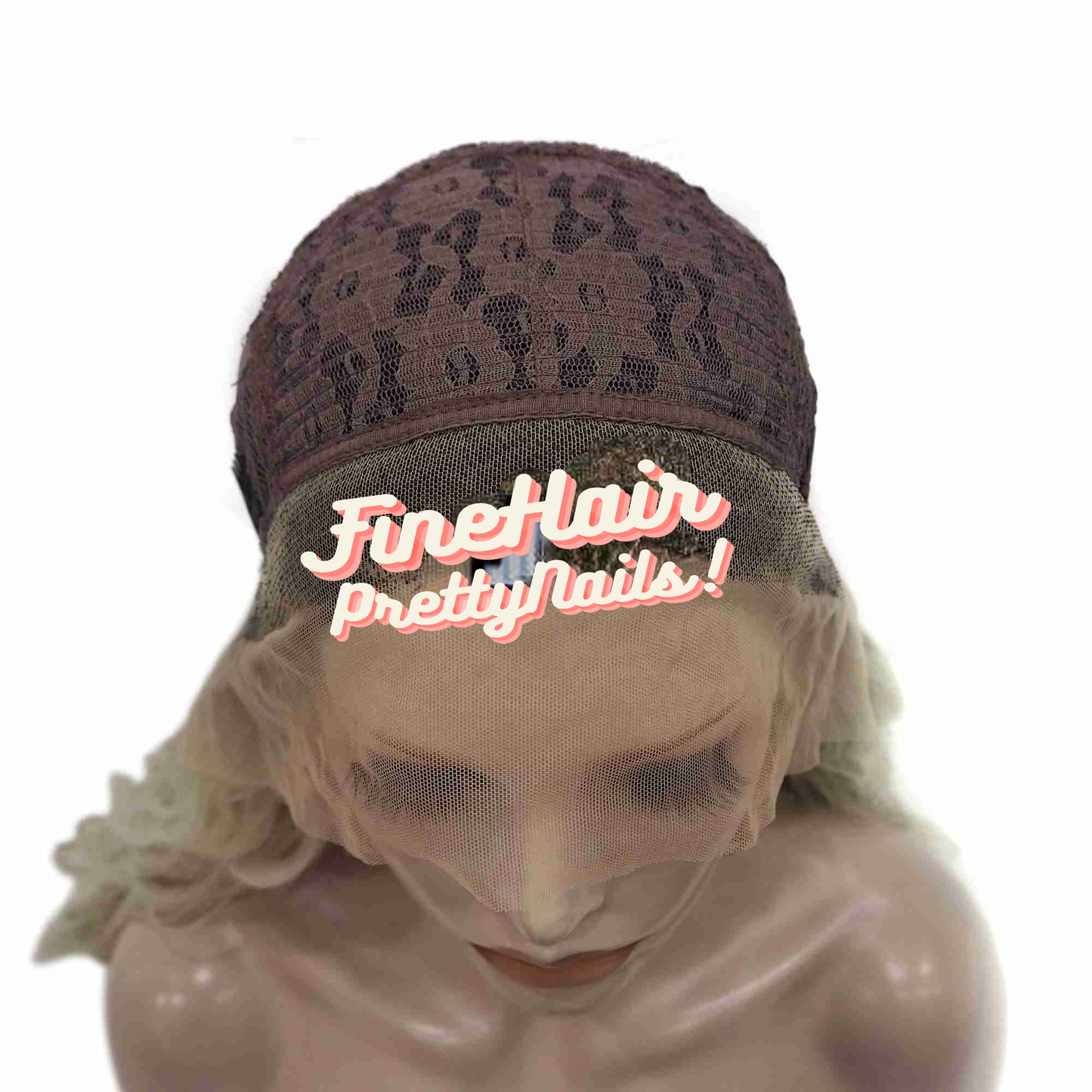 inside lace view of blonde wavy wig with platinum blond highlights on mannequin head