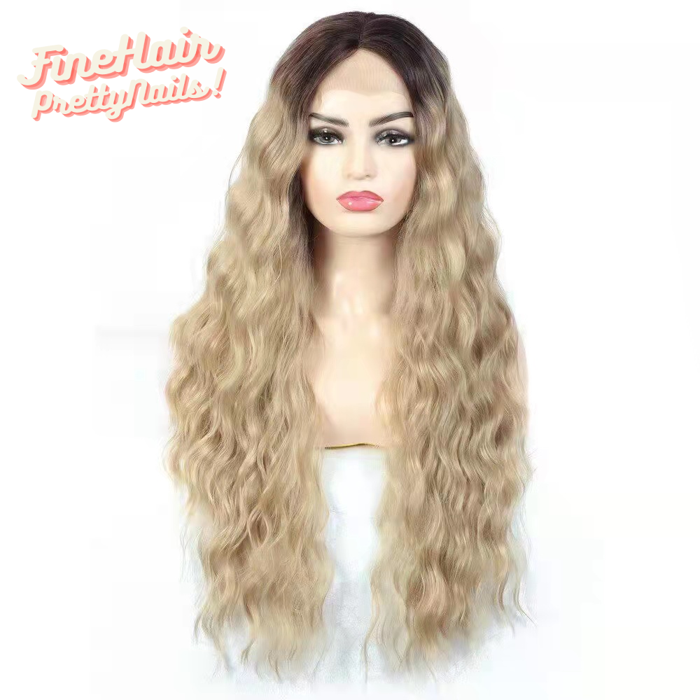 front view of curly blonde ombre HD lace synthetic wig