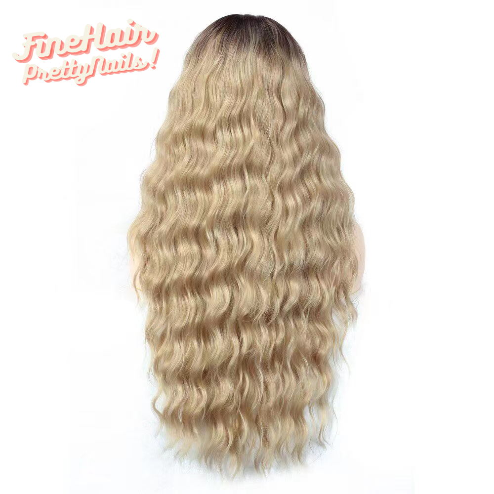 front view of curly blonde ombre HD lace synthetic wig