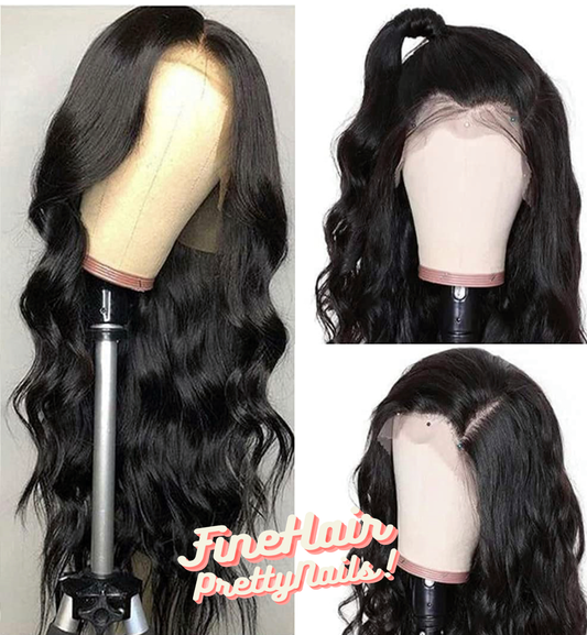 mannequin head displaying body wave wig and details of the lace