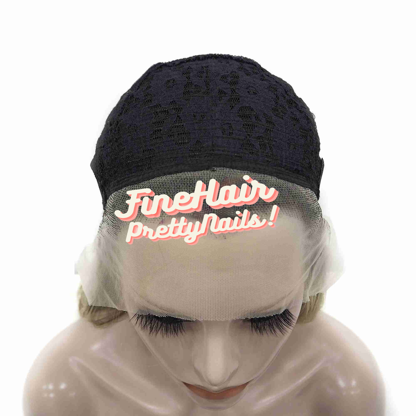 inside lace view of brown to blonde ombre wavy wig with platinum blond highlights on mannequin head