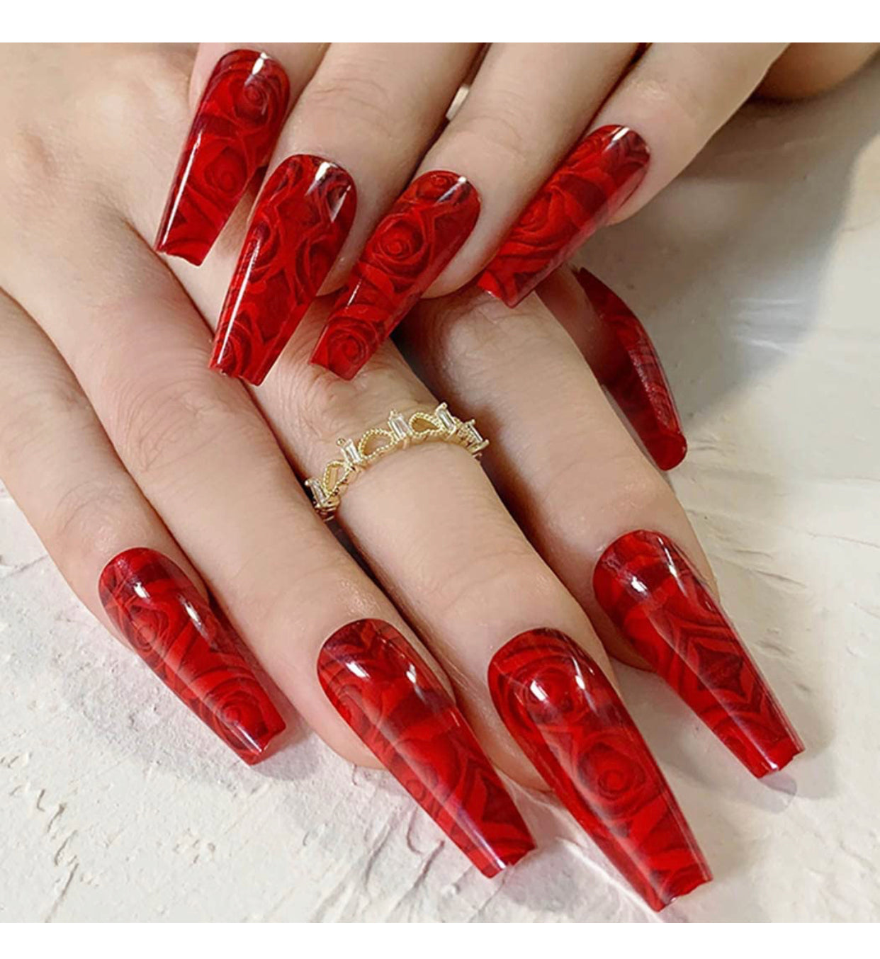 ROMANTIC PRESS ON NAILS COFFIN BALLERINA SHAPE WITH BEAUTIFUL RED ROSES