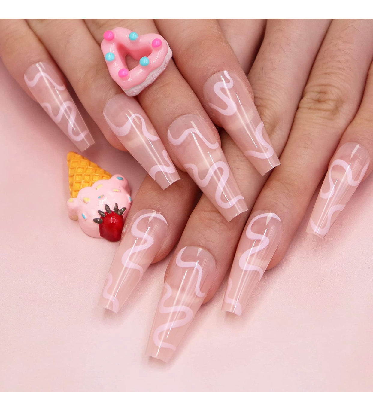 TRANSPARENT JELLY NAILS WITH PINK LINES SWIRLS COFFIN SHAPE LONG