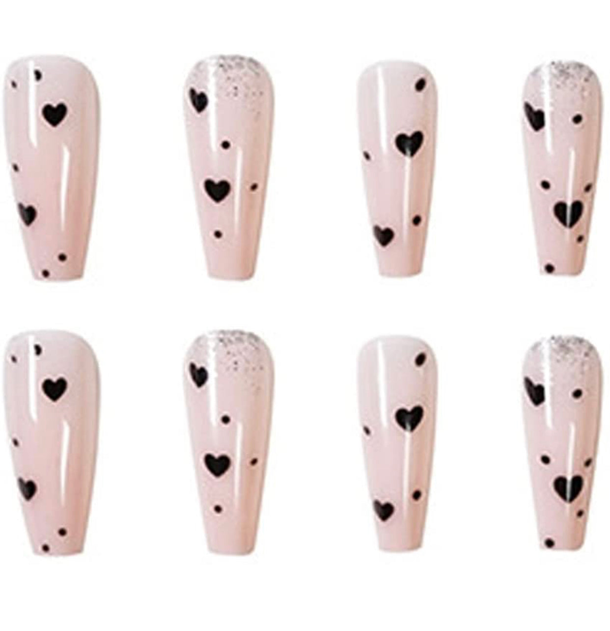 ROMANTIC PINK PRESS ON NAILS COFFIN BALLERINA SHAPE WITH BEAUTIFUL HEARTS